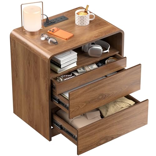 23.8″ Modern Nightstand with Hidden Drawers Walnut Night Stand with Charger Station Mid Century Bedside Table Curved Wood Side Table for Bedroom Dorm Living Room