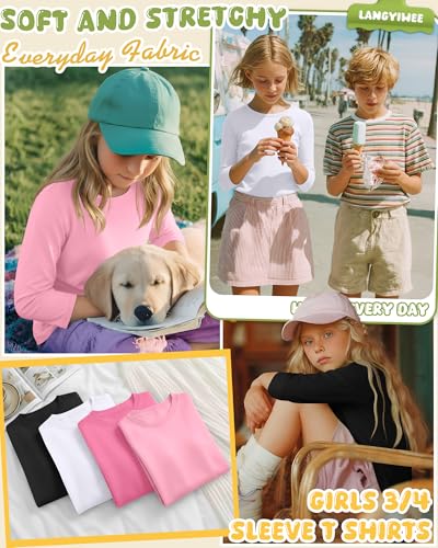 Image of 4 Pack Girls 3 /4 Sleeve T Shirts Kids Crewneck Elbow Sleeve Casual Tops Solid Basic Cute Teen Tees 5-14Y
