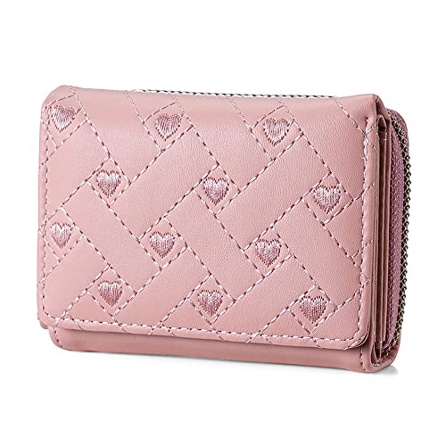 Cute Floral Wallet for Women, Compact Trifold Ladies Purse Card Holder with ID Window, Coin Change Keys Zipper Pocket for Female Teen Girls Students (Pink)