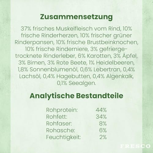 Fresco Trockenbarf Complete Plus Rind | 1 kg | Trockenbarf für Kleine Hunde | Bestehend aus reinem Muskelfleisch, Innereien und Calcium-Knochen vom Rind sowie Obst, Gemüse und Öl