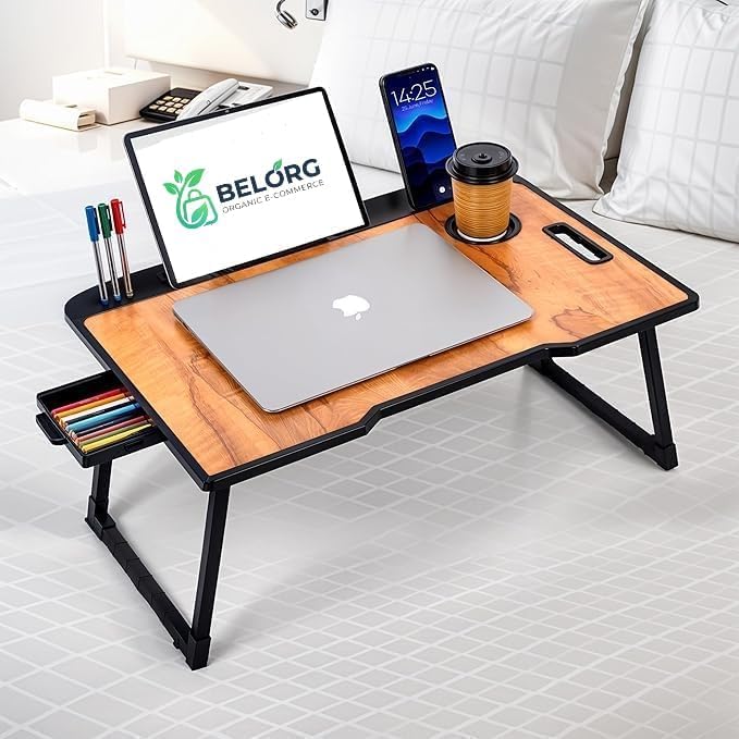 Image of Wood Smart Multipurpose Foldable Laptop Table with Cup Holder, Study Table, Bed Table, Breakfast Table, Foldable and Portable /Ergonomic & Rounded Edges /Non-Slip Legs (BROWEN)