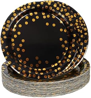 TOPWAYS Black Gold Paper Party Plates, 9inch Disposable Paper Tableware Dinnerware Plates Party Supplies for Birthday, Weddings, Picnics, Anniversary Decorations, Pack of 48