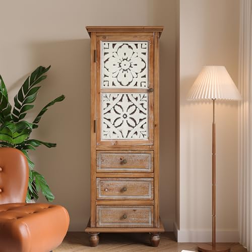 Image of Tall Storage Cabinet with Carved Drawers, Vintage Wood Accent Cabinet, Decorative Narrow Storage Cabinet for Living Room, Entryway, Kitchen, and Hallway with 3 Drawers and 1 Door