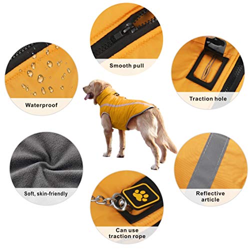 Idepet Wasserdichter Hundemantel Winter Warme Jacke, Winddichte Haustierkleidung Hundejacke Outfit für kleine mittelgroße Hunde mit Geschirrloch XL-6XL Gelb
