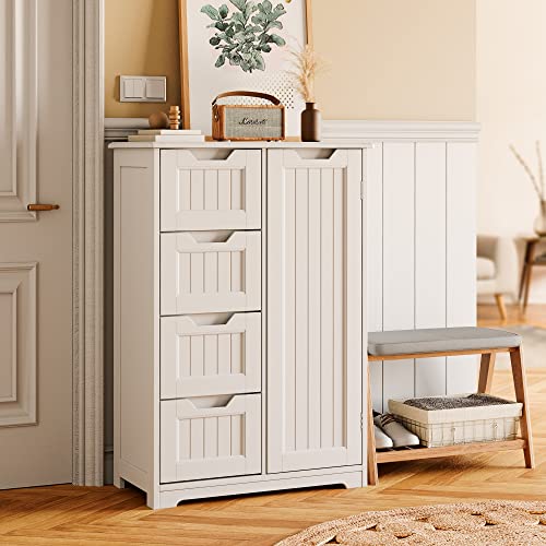 Gizoon Bathroom Storage Cabinet Freestanding With Drawers, 33" White Floor Organizer Cabinet With Door And Shelves Wooden Nightstand For Small Places In Bedroom Kitchen Restroom Entryway #TOP5