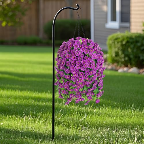 Image of Ammyoo Artificial Faux Hanging Flowers Basket for Spring Outdoor Decor | Fake Silk Colorful Morning Glory Eucalyptus in Planter UV Resistant Look Real for Summer Home Balcony Porch Yard(Darkorchid)