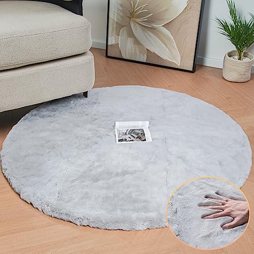 Grey Round Rug 3ft Machine Washable Shaggy Area Rugs for Living Room Faux Bunny Fluffy Fur Rug for Bedroom Small Circle Nursery Rug