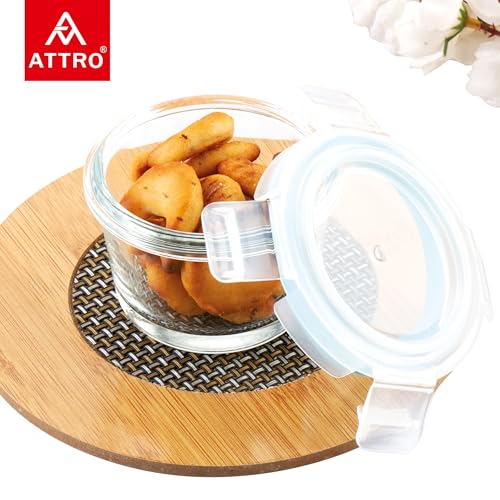 Image of ATTRO Glassox borosilicate Mini Round Glass food container with lock lid Small Food Container Air-Tight Leak-proof Bpa-Free Food Grade- 130ml Set of 2