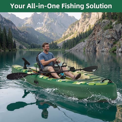 Danrelax Inflatable Kayak with Pedal System, 12ft Premium PVC Fishing Kayak, with Aluminum Seat, Rudder System, Motor Mounting Board, and Accessories Included, Green & Camouflage (HIN Included)