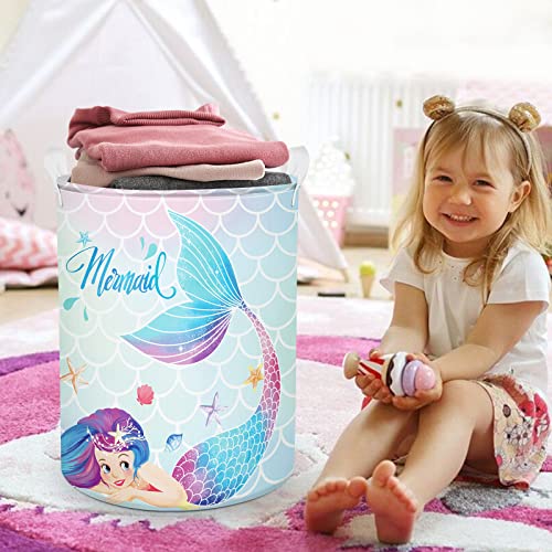 Clastyle 45L Colorful Mermaid Blue Girls Laundry Hamper Starfish Seashells Round Toy Clothes Storage Basket For Kids Room, 14.2X17.7 In #TOP3