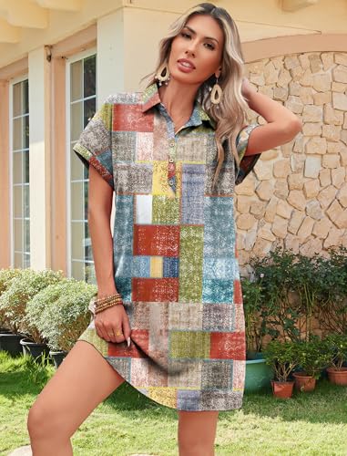 Image of HOTOUCH Womens Summer Shirt Dress 2026 Short Sleeve Floral Shift Dress Casual Loose Flowy Beach Sundress with Pockets
