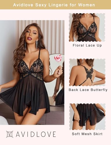 Image of Avidlove Sexy Lingerie for Women V-Neck Lace Babydoll Mesh Chemise Sleepwear Boudoir Outfits