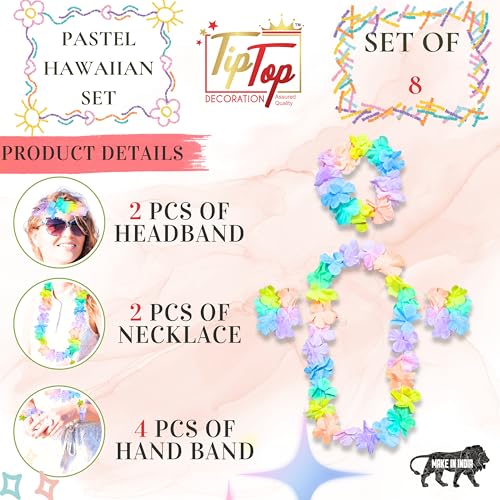 Image of Premium Pastel Luau Hawaiian Flower Leis 8 Pc Combo Set - 4 Bracelets, 2 Necklaces, 2 Headbands (Authentic)