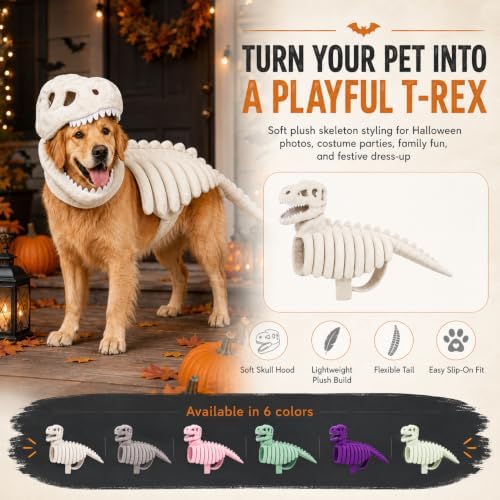 Dinosaur Costume for Dogs & Cats, Plush T-Rex Skeleton Halloween Pet Outfit (Glow,X-Large) - 1