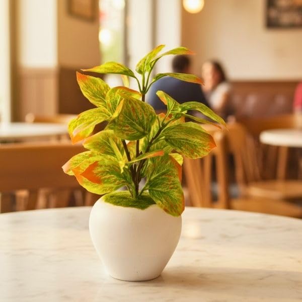 Image of fancymart Artificial Plant Leaves in Apple Pot (30 cm Height) | Small Potted Plant for Office Desk | Home Decor for Living Room | Cafe & Restaurant Table Decoration
