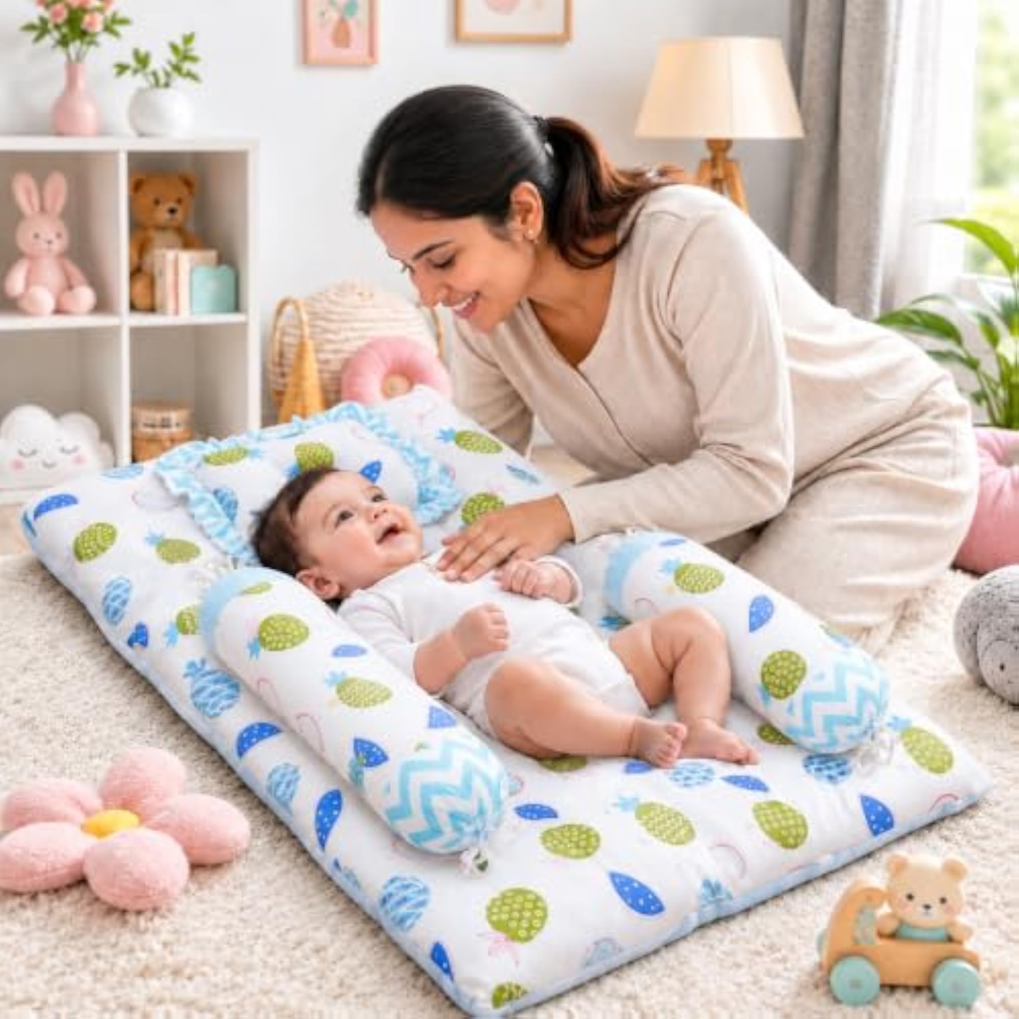 Fruity Cotton Bedding Set with Pillow & Bolsters - 4 Piece (Blue)
