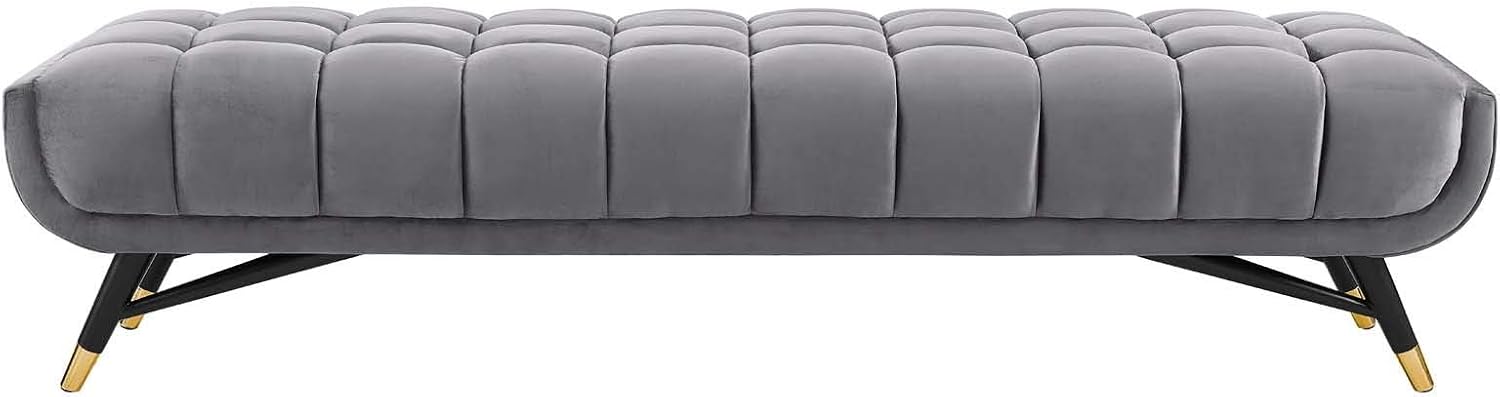 Pemberly Row Tufted Performance Velvet Bench, 73" W x 21" D x 17" H, Ivory Upholstery, Black Birchwood Frame, Gold Metal Accents, Mid-Century Modern Style Living Room Seating