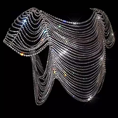 Qabinvoe Baidicheng Luxury Rhinestone Crystal Sexy Bikini Fringe Body Chain Jewelry Set Shoulder Chain Bridal Wedding Shawl Prom Shawl Party Beaded Shrug Gorgeous Body Chain,Silver #TOP5