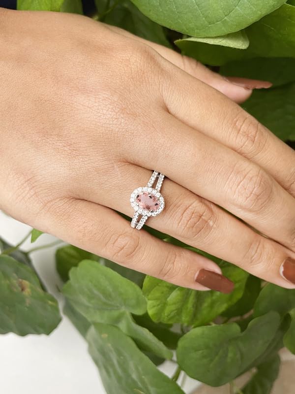 1.00 Carat Oval Cut Morganite & White Diamond Split Shank Halo Engagement Ring For Women, 14K Gold Plated 925 Silver September Birthstone Diamond Bridal Side Stone Ring