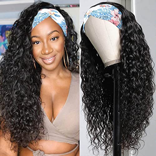 QTHAIR 14A Curly Wave Headband Wigs Virgin Brazilian Water Wave Wigs None Lace Front Wigs Human Hair Wigs Deep curly hair 150% Density Glueless Machine Made Wigs For Black Women(16inch)