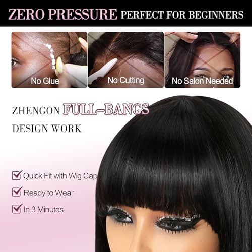Image of ZHENGON Bob Wig with Bangs Human Hair Wig Silky Straight Glueless Wigs Human Hair Ready to Wear and Go for Beginners 14Inch
