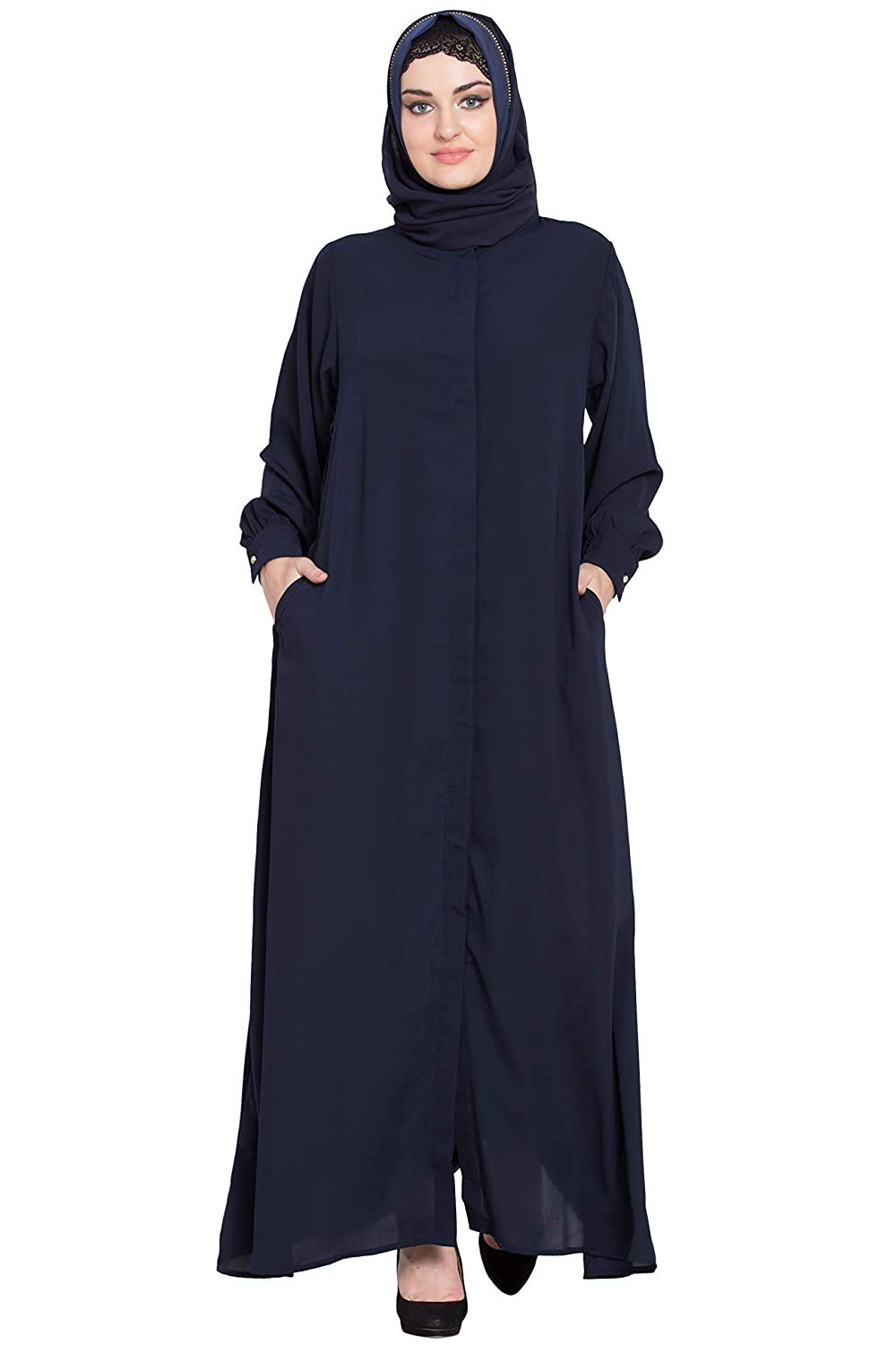 Islamic lifestyle Front open Cardigan abaya- Navy Blue with side pocket-image-30