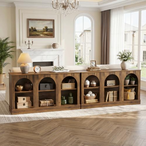 Image of Tribesigns Farmhouse Console Table Set of 2, Extra Long Entryway Table with 3 Tier Storage, Wooden Rectangular Sofa Table Behind The Couch for Entrance, Hallway, Living Room, Brown