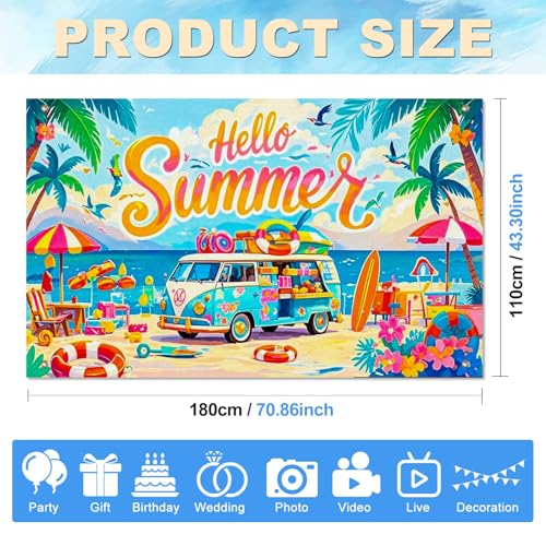 Image of BlissYard Summer Party Decorations 71 x 43 Inch Hello Summer Beach Party Backdrop Banner Surf Van Aloha Luau Party Decorations Pool Party Photo Booth Background Indoor Outdoor Wall Decor