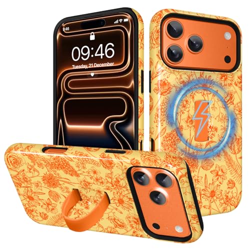 Image of Magnetic for iPhone 17 Pro Case with Finger Strap Kickstand [Compatible with Magsafe] Cute Flower Floral Pattern Design, Dual-Layer Shockproof Protective Cover for Women Men, Orange