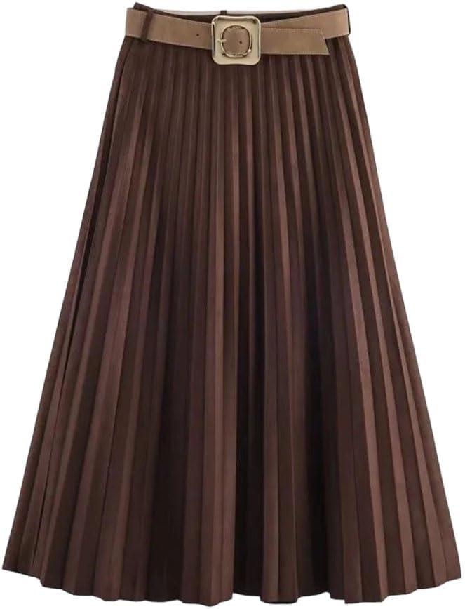 Women's Solid Color Pleated Midi Skirt Women Casual Elegant Skirt