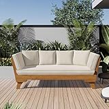 Christopher Knight Home Gary Patio Convertible Couch, Wooden Outdoor Daybed, 3-Seater Acacia Wood Patio Furniture Lounge Sofa for Backyard/Poolside/Garden, Back Pillow+Removable Cushion, Teak+ Beige