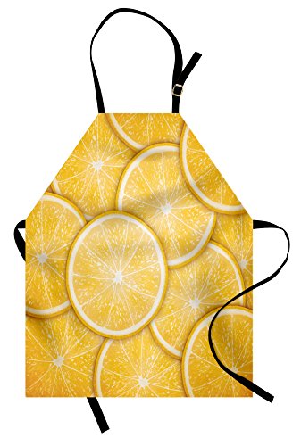 Lunarable Yellow Apron, Citrus Orange Lemon Cut Slice Fresh Fruit Pattern Healthy Cool Living Inspired Artprint, Unisex Kitchen Bib with Adjustable Neck for Cooking Gardening, Adult Size, Lemon Yellow