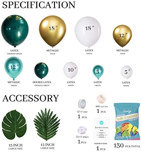 Soonlyn Jungle Sarfari Balloon Garland Arch Kit 125 Pcs 18 In 12 In, Emerald Green Gold Matellic White Balloons with Large Leaves for Party Decorations Baby Shower Kids Birthday