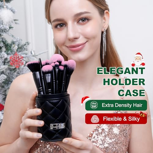 Bueart Design 18Pcs Pro Deluxe Fuchsia Pink Black Makeup Brushes set with Travel Make up Brush Holder case Foundation concealer contour Blush eyeshadow face make up brush set - Image 3