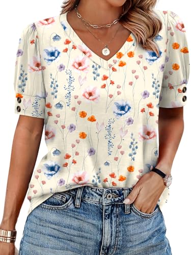 Image of OFEEFAN Womens Tops Short Sleeve Shirts Buttons V Neck Spring Fashion Summer Outfits Plus Size Blouses Dressy Casual