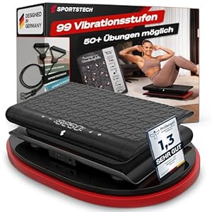Sportstech Vibrationsplatte für Zuhause | Abnehmen, Fettverbrennung & Muskelaufbau | Oszillation, 99 Intensitätsstufen, Bluetooth-Fernbedienung | leiser Motor bis 120 kg | Trainingsbänder | sVibe Lite