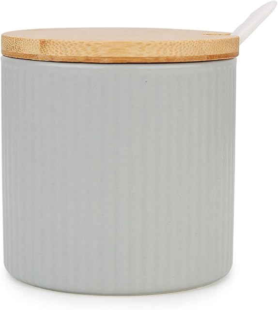 Chase Chic Ceramic Sugar Bowl, Sugar Pot with Wooden Lid and Porcelain Spoon 8.4oz/250ml in Stripe Shape, Suit for Coffee Bar, Kitchen and Home breakfast, Matte Grey