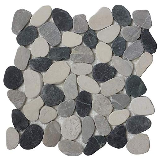 Interlocking Pebble Floor Tiles (10-Sheets) Kitchen, Bathroom, Deck and Patio Flooring | Indoor and Outdoor Use | Natural White Grey Black Stones Tile | Quick and Easy Grout Installation