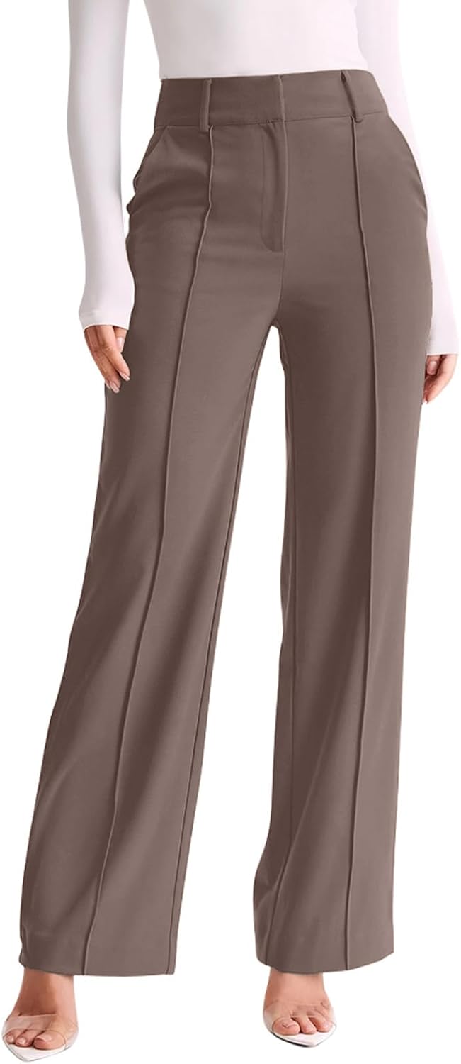 NIMIN Woman Business Work Pants High Waisted Casual Dress Pants Soft Loose Office Trousers Summer Trendy Straight Leg Work Pants Tawny L - Image 6