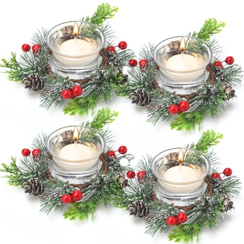 Dingion 12 Pcs Christmas Votive Candle Holder Set Xmas Table Centerpiece with Christmas Berry Candle Ring Decorative Glass Tealight Holder for Wedding Christian Church Xmas Holiday Table Decoration