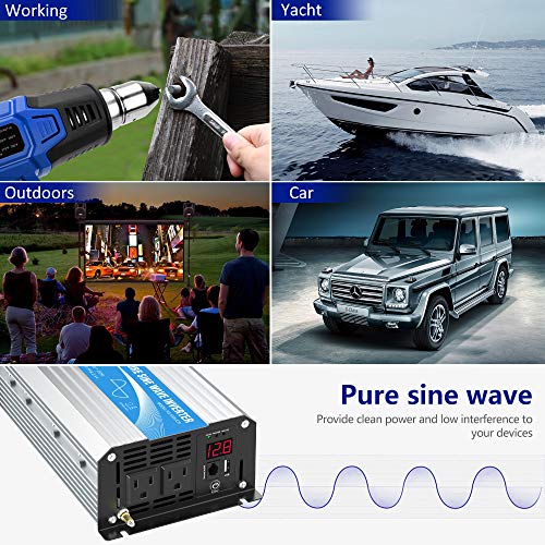 Power Inverter Pure Sine Wave 1200Watt 12V DC to 110V 120V with Remote Control Dual AC Outlets and USB Port for CPAP RV Car Solar System Emergency