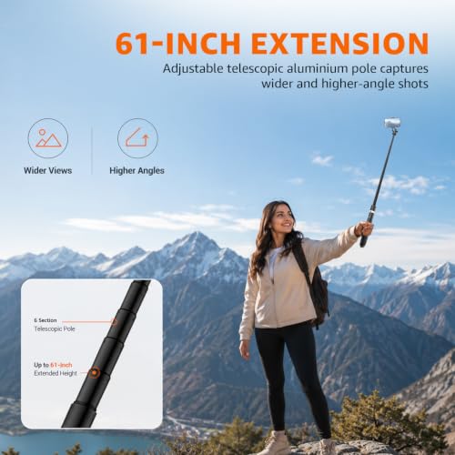Image of Amazon Basics 61 inch Long Selfie Stick Tripod with Bluetooth Remote, Aluminium, 360 Rotatable Phone Holder, 1 /4 inch Screw for Camera & Ring Light, for Vlogging, Live Streaming & Travel