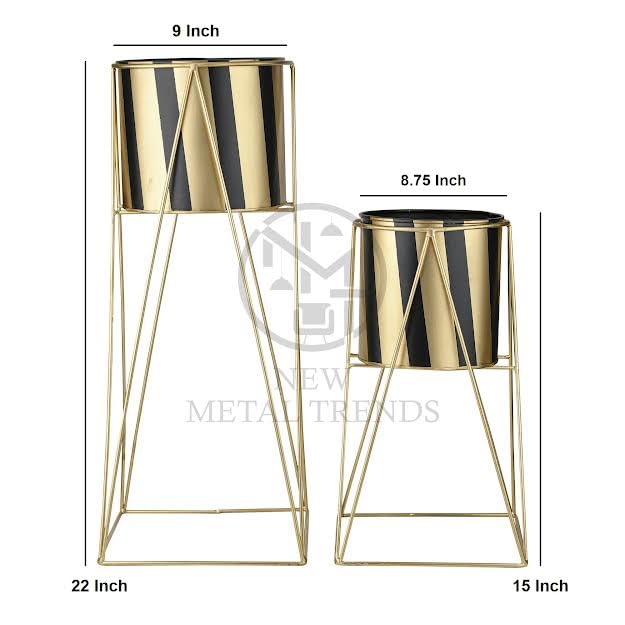 Image of Decent Home Decor Iron Metal Indoor Out Door Bedroom Home Office Planter Pot Tall Stand with Planter for Living Room, Balcony Flower Pot Stand Set of 2 (Black & Gold)