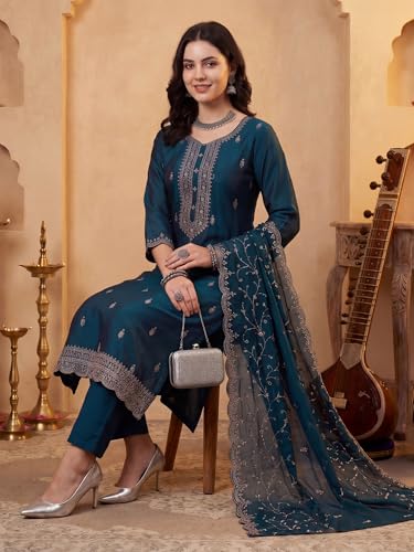 Image of INDO ERA Women's Silk Blend Embroidered Zari Work Kurta & Pant with Dupatta Set