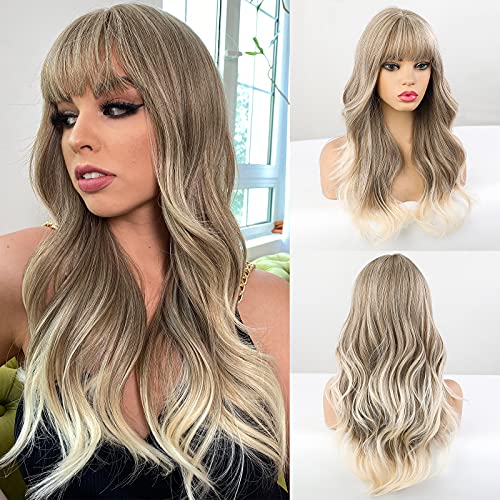 HAIRCUBE Long Curly Wigs for Women Blonde Mix Gray Natural Wavy Hair Heat Resistant Synthetic Wigs for White Women With Bangs