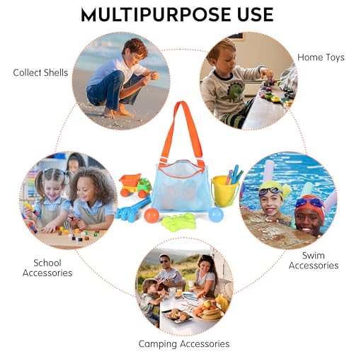 VOROLO Mesh Beach Bag for Holding Toys,Sand Towels Tote Seashell Collecting,Swimming Accessories for Kids Boys and Girls, 3pcs-blue&orange+pink&purple+orange&blue, M - Image 4