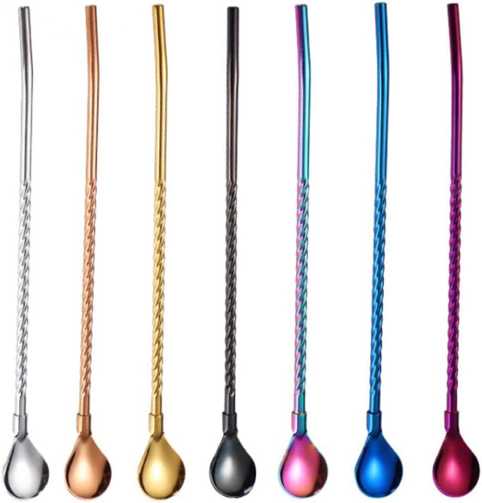 7ピース わら スプーン 未使用品 ステンレス スチール カクテル 飲み物 コーヒー バー 再利用可能 攪拌