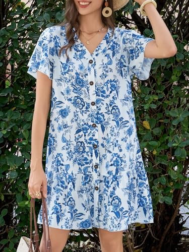 Image of Imysty Womens Polka Dot V Neck Button Down Ruffles Loose Mini Short T-Shirt Dress