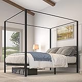 YITAHOME Canopy Bed Frame Metal Four Posters 14 Inch Platform with Built-in Headboard Strong Metal Slat Mattress Support, No Box Spring Needed, Black, Queen Size
