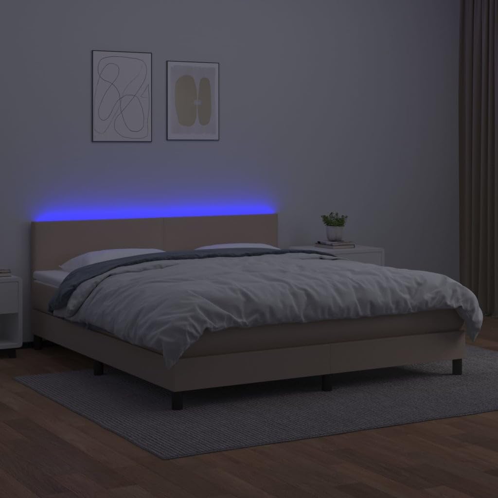 Skóra ekologiczna z regulowanym zagłówkiem Cappuccino 180x200 cm Brąz | Łóżko kontynentalne 180x200 z materacem sprężynowym i LED cappuccino do sypialni z zagłówkiem